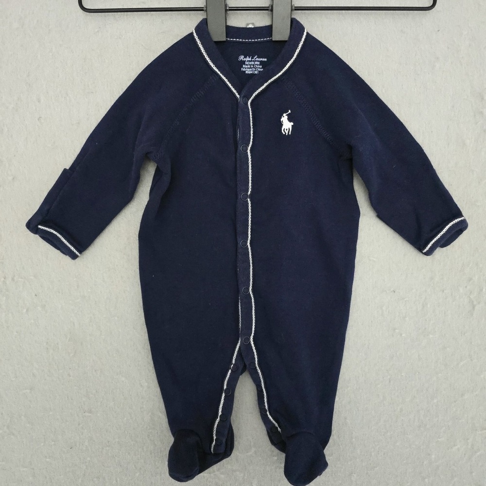 Ralph Lauren Coverall Boys Newborn Navy Footed One Piece Snap Front Pony Logo